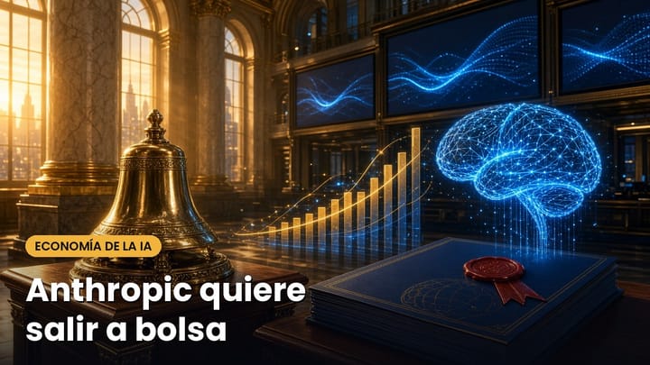 Campana de una bolsa de valores, un cerebro de luz y un documento sellado que representan la salida a bolsa de Anthropic