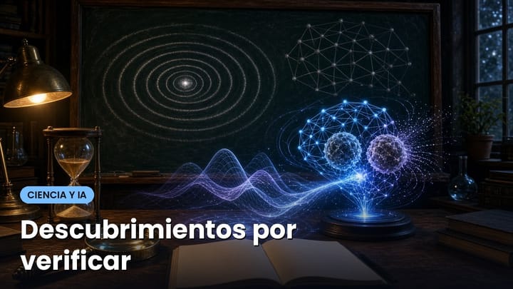 Pizarra con ondas y redes de puntos, un cerebro de luz, una lupa y un reloj de arena que sugieren resultados científicos en espera de verificación